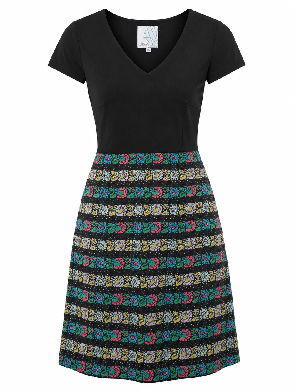 Geode Floral Print Fit & Flare Dress Black Multicolor Short Sleeve Size Medium